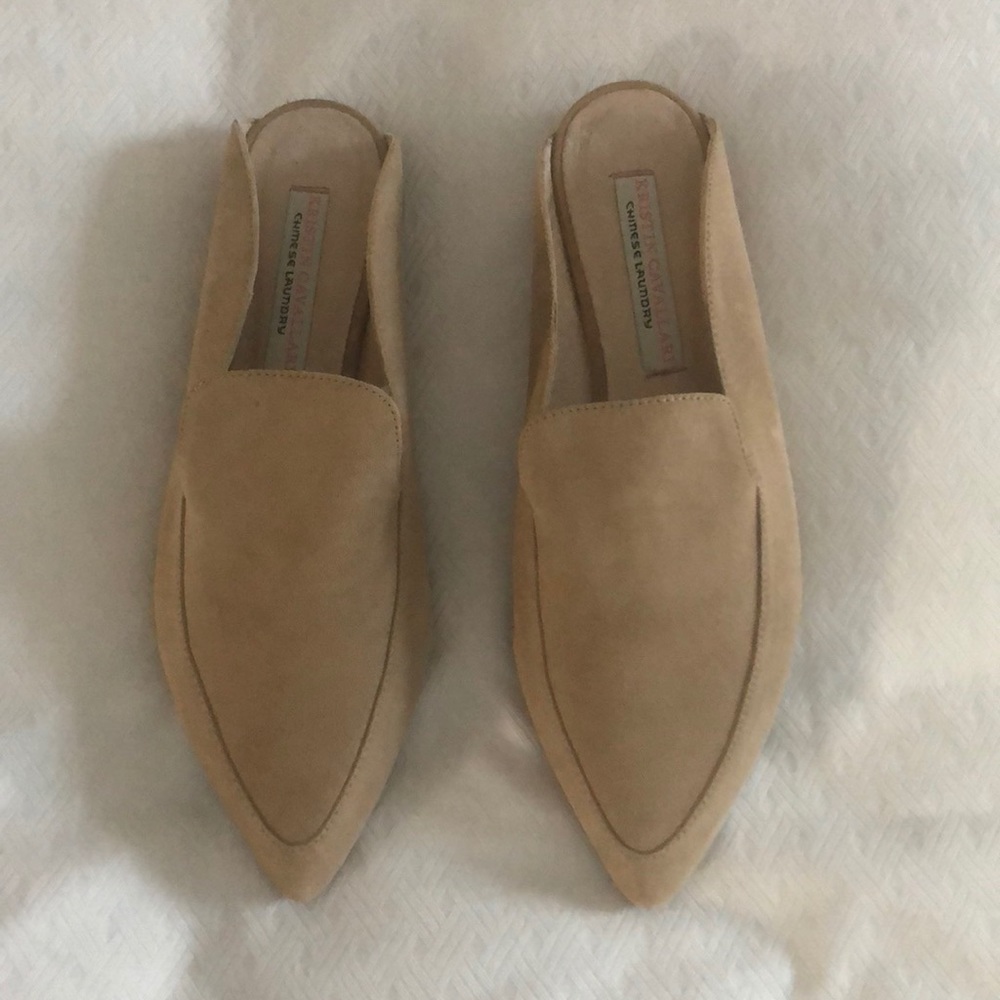 Kristin Cavallari slip on buff suede mules